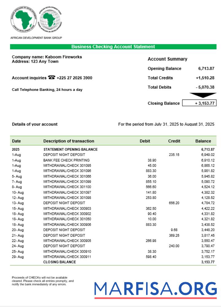 Realistic African Development business bank statement Word and PDF format template